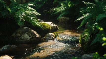 Fototapeta premium Sunlit stream flowing over mossy rocks in a lush forest.