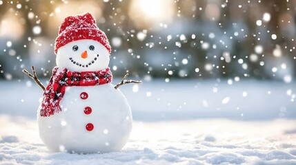 A cheerful snowman wears a red hat and scarf in the snow
