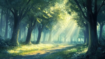 Obraz premium Sunbeams illuminate path through lush green forest.