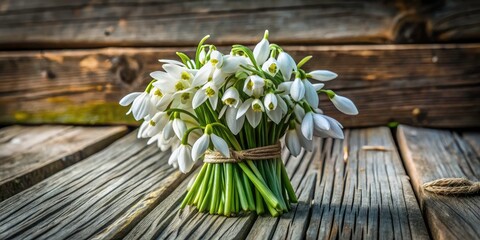 Delicate Snowdrop Bouquet, Grey Wood Background - Spring Flowers Photography