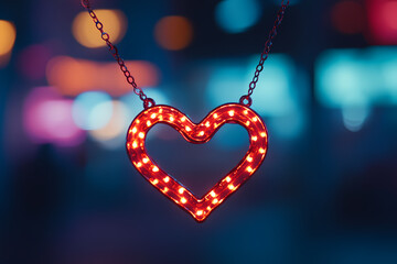 A glowing digital necklace with a heart-shaped pendant, symbolizing a romantic gift