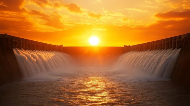 Majestic sunset over flowing water at the massive dam