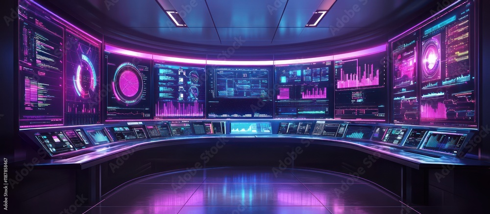 Poster futuristic control room with glowing screens displaying data.