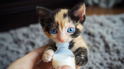 Rescued tiny baby cat hand fed with milk from a nursing bottle; calico kitten with baby blue eyes Adopt dont shop spay and neuter rescue concepts