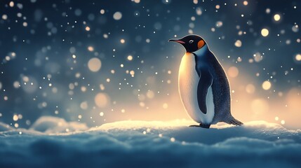 Obraz premium Majestic penguin standing proudly on a snowy landscape,surrounded by soft falling snowflakes creating a peaceful and enchanting winter scene.