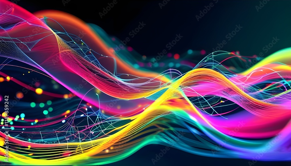 Poster the image can be named colorful fractal realms with abstract waves and glowing patterns
