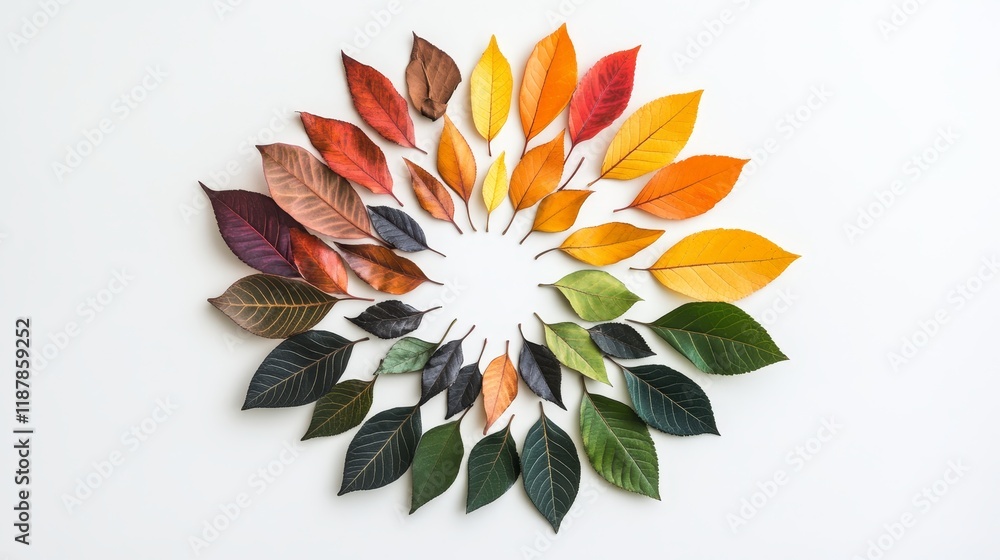 Poster colorful diversity of autumn leaves arranged in a circular pattern on white background