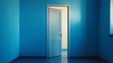 Opened door in blue room