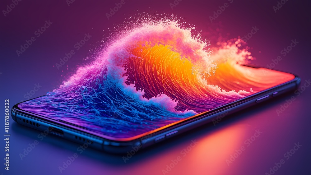 Poster dynamic wave animation on smartphone digital art futuristic theme vibrant colors close-up view creat
