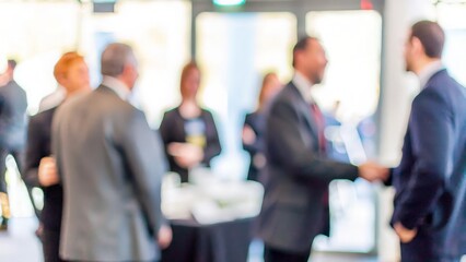 Professional Meet-and-Greet Blur – A soft-focus image of a professional meet-and-greet event with business people networking.	
