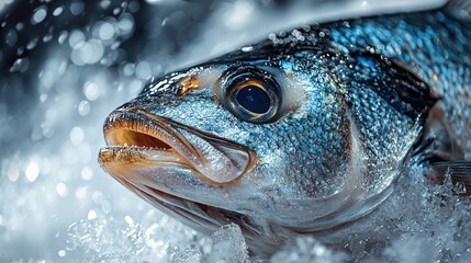 Close-up of a fish on ice, showcasing details.