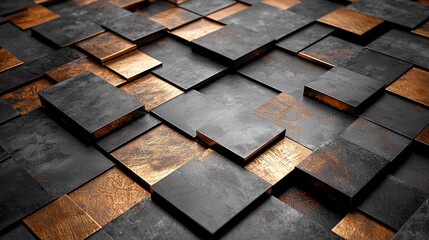 Abstract 3D render of dark and copper metallic cubes.
