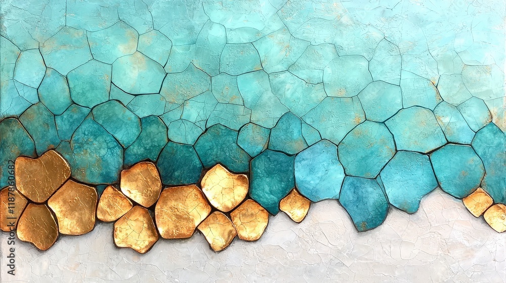 Poster abstract geometric design with turquoise and gold hexagonal shapes on light background