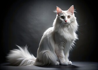 Obraz premium Elegant Turkish Angora Cat, White Fur, Dark Background, Surreal Photography, Profile Portrait