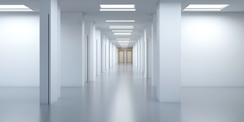 A spacious, bright corridor featuring minimalist white design highlights the concept of simplicity, modern architecture, and the essence of open space in contemporary settings.
