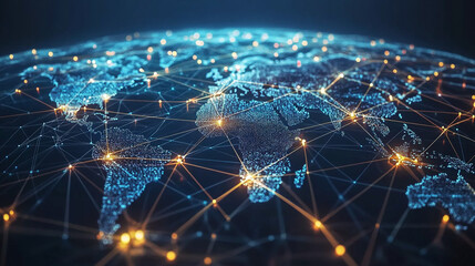 Fototapeta premium Global connectivity illustrated through digital networks over Earth at night