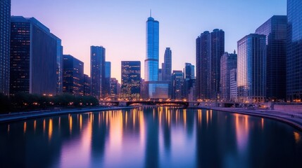 Naklejka premium Cityscape at dawn, reflecting on calm river.