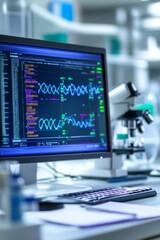 Fototapeta premium Advanced Laboratory Setting with DNA Sequence Data Displayed on Computer Screen, Featuring a Scientist in the Background, Modern Medical Research Scene