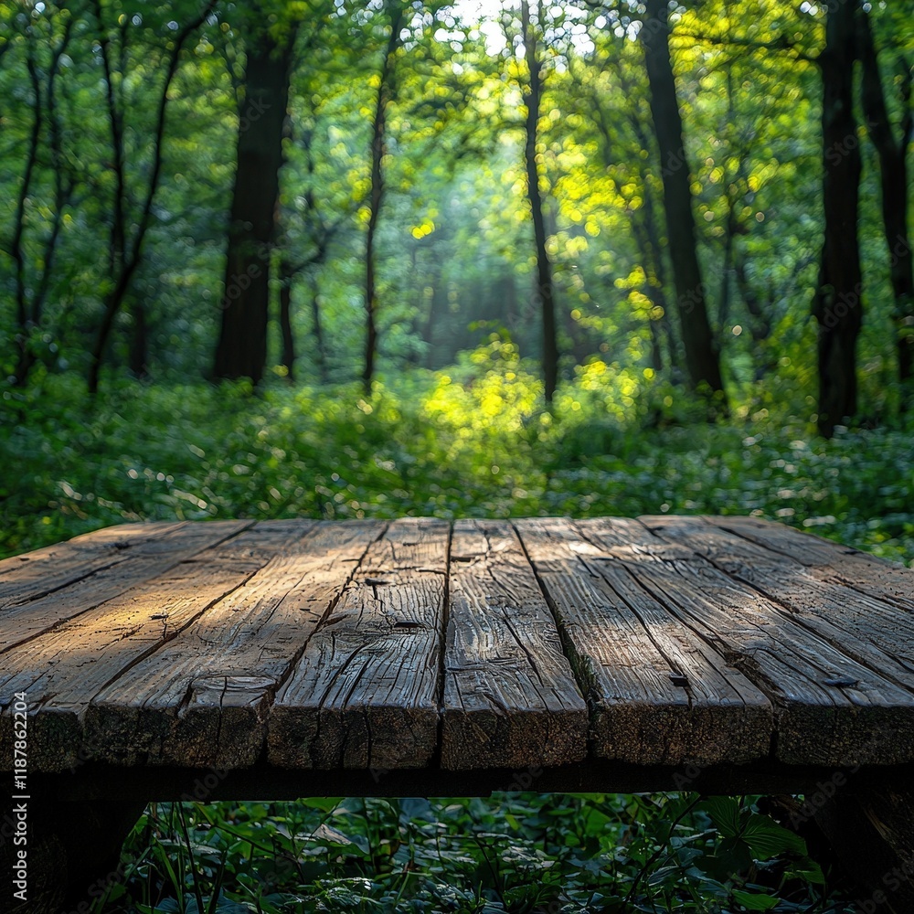 Poster empty wooden table in a sunlit forest. ideal for product displays showcasing natural or rustic items