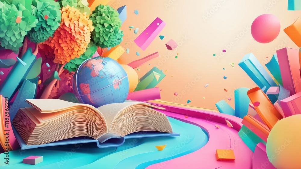 Poster open book with globe amidst vibrant colorful abstract world of knowledge and imagination