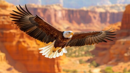 Obraz premium Majestic Bald Eagle Soaring Over Desert Landscape with Red Rocks and Blue Sky in the Background