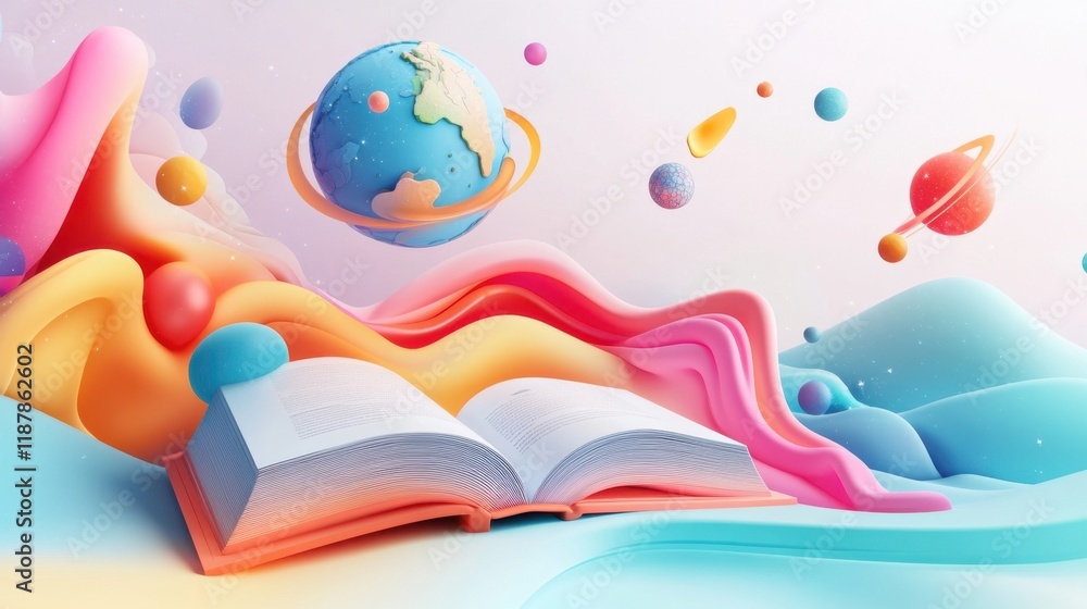 Aufkleber open book floating in a colorful universe: a journey through imagination and knowledge