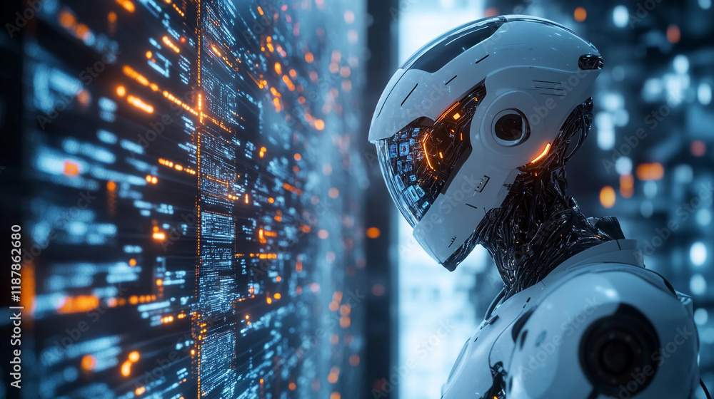 Aufkleber robot explores digital data in futuristic environment with vibrant lights