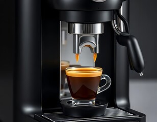 Close-up of a modern, black espresso machine dispensing a rich espresso shot into a small glass cup.