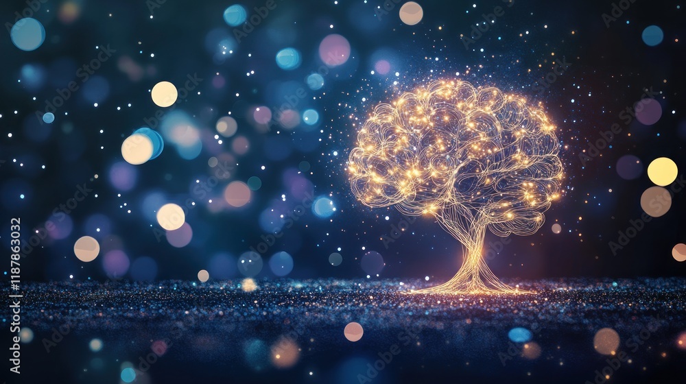 Poster a glowing tree shaped like a brain, surrounded by colorful bokeh lights.
