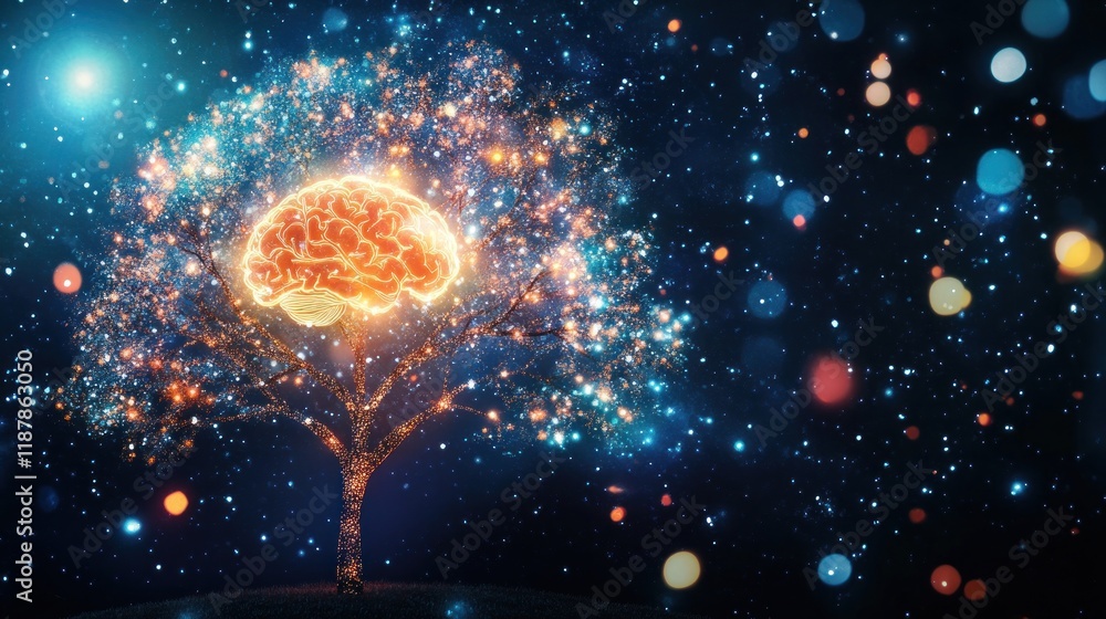 Poster a surreal depiction of a tree with a brain, symbolizing knowledge and growth in a cosmic setting.