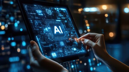 Human hand touching screen with AI letters in cyberspace. Virtual reality, programming and information technology of the future. Artificial intelligence, digital code data and cybersecurity