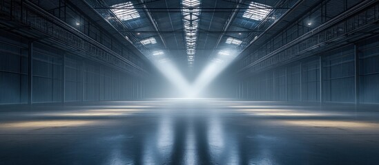 Empty industrial warehouse interior with spotlights.