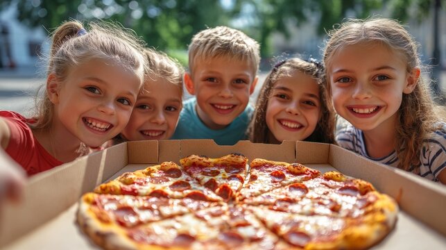 Group of children with pizza in the open box on summer day