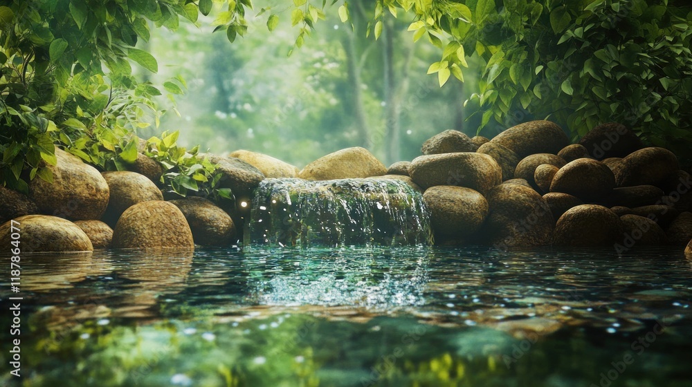 Poster serene waterfall cascading over rocks into a tranquil pool.