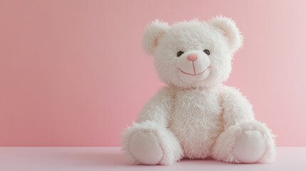 Obraz premium Smiling white teddy bear on light pink table background Pastel color Empty place for inspiration emotional sentimental text quote or sayings Closeup Toy banner