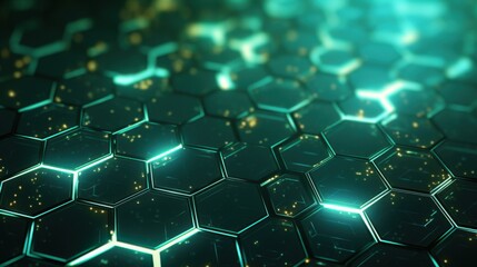 Obraz premium Geometric hexagon design featuring a seamless, interconnected pattern, glowing softly, with subtle medical icons