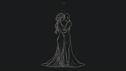 Obraz premium Couple in embrace, a romantic line art illustration
