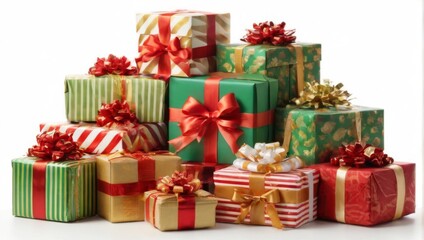 Festive Gift Boxes Arranged in Colorful Stacks with Ribbons and Ornaments on White Background