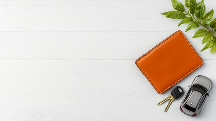 Stylish leather wallet, car keys, and miniature car on a clean white wooden table