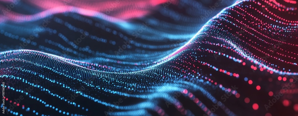 Poster abstract digital waves with red and blue glowing particles in dynamic motion