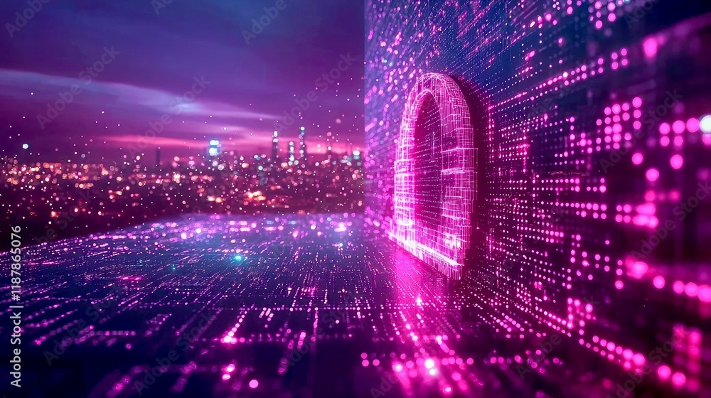 Poster cyberpunk cityscape: digital lock in a futuristic metropolis. a vibrant neon artwork exploring theme