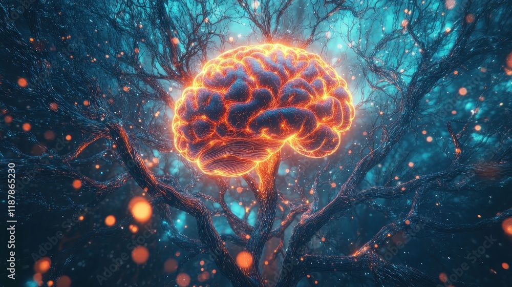 Aufkleber a surreal depiction of a brain intertwined with a tree, symbolizing knowledge and growth.