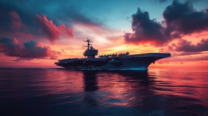 Aircraft carrier on the sea. Military warship with beautiful red sunset at the background