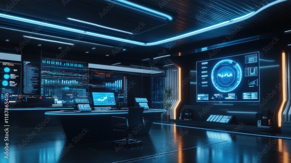 Poster futuristic control room with glowing screens displaying data. (2)