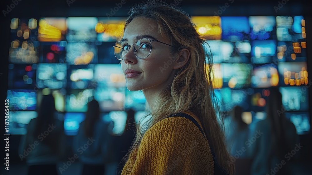 Poster a woman with glasses looks confidently towards a wall of monitors displaying various data visualizat