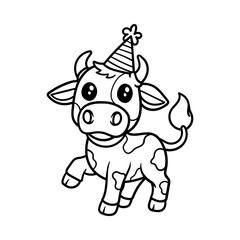 fun cute birthday cow cartoon character isolated drawing line style sketch classic vintage design illustration