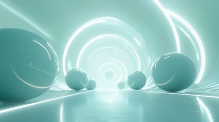 Abstract futuristic tunnel with glowing neon circles and spheres.