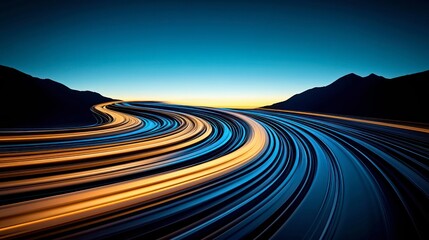 Fototapeta premium A vibrant design featuring a dark sky backdrop, illuminated by yellow and blue light streaks, creating dynamic, futuristic road-inspired backgrounds with sleek, modern lines