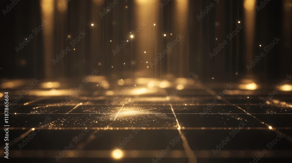 Poster glowing gold particles on grid surface with floating lights