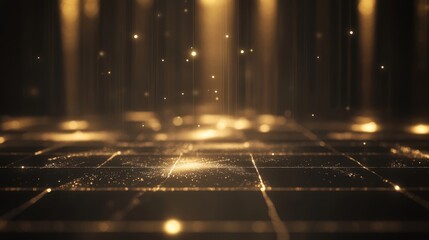 Glowing gold particles on grid surface with floating lights